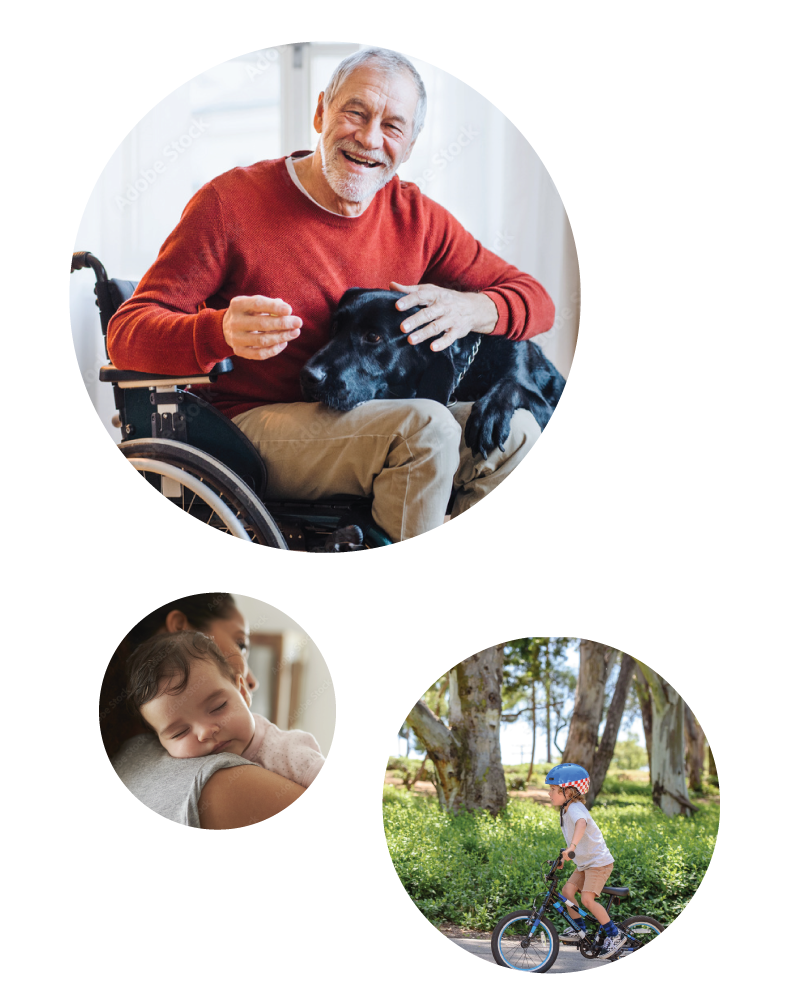 three circular images— a man in a wheelchair with a dog in his lap, a mother holding a baby, and a kid riding a bike